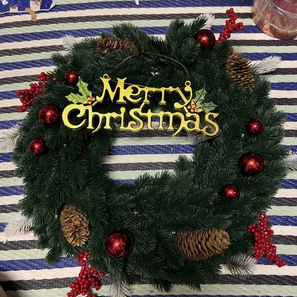 Christmas Wreath 18” Large Pre-Lit Outdoor with LED Lights, Foldable With Case - Picture 2 of 4